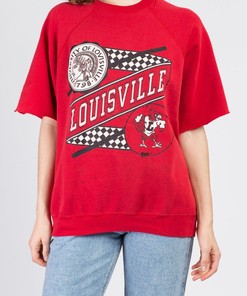 80S University Of Louisville Sweatshirt, Vintage Red Raglan Short Sleeve Unisex Pullover Louisville College Sports Team