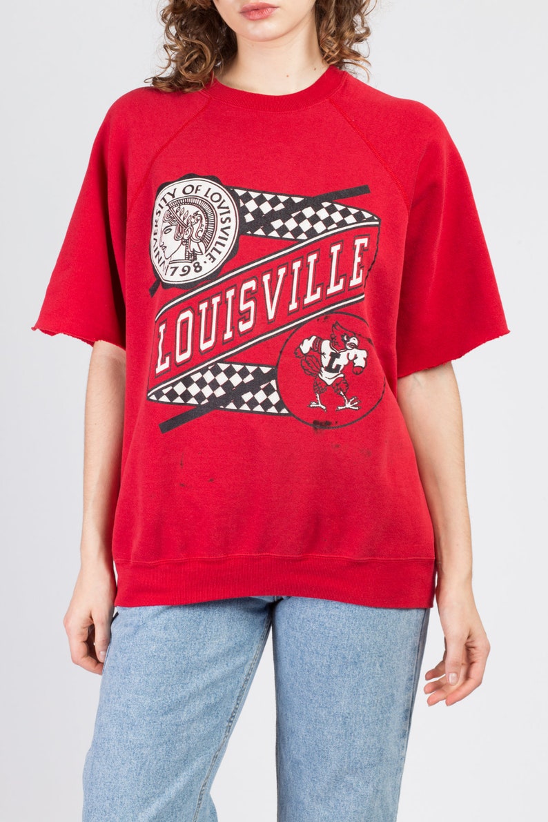 80S University Of Louisville Sweatshirt, Vintage Red Raglan Short Sleeve Unisex Pullover Louisville College Sports Team