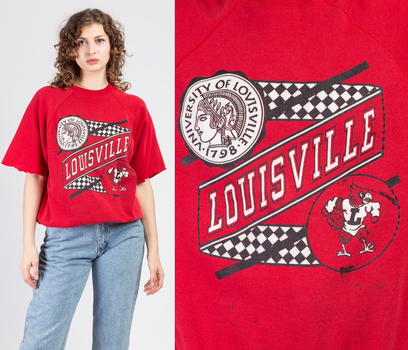 80S University Of Louisville Sweatshirt, Vintage Red Raglan Short Sleeve Unisex Pullover Louisville College Sports Team - Image 2
