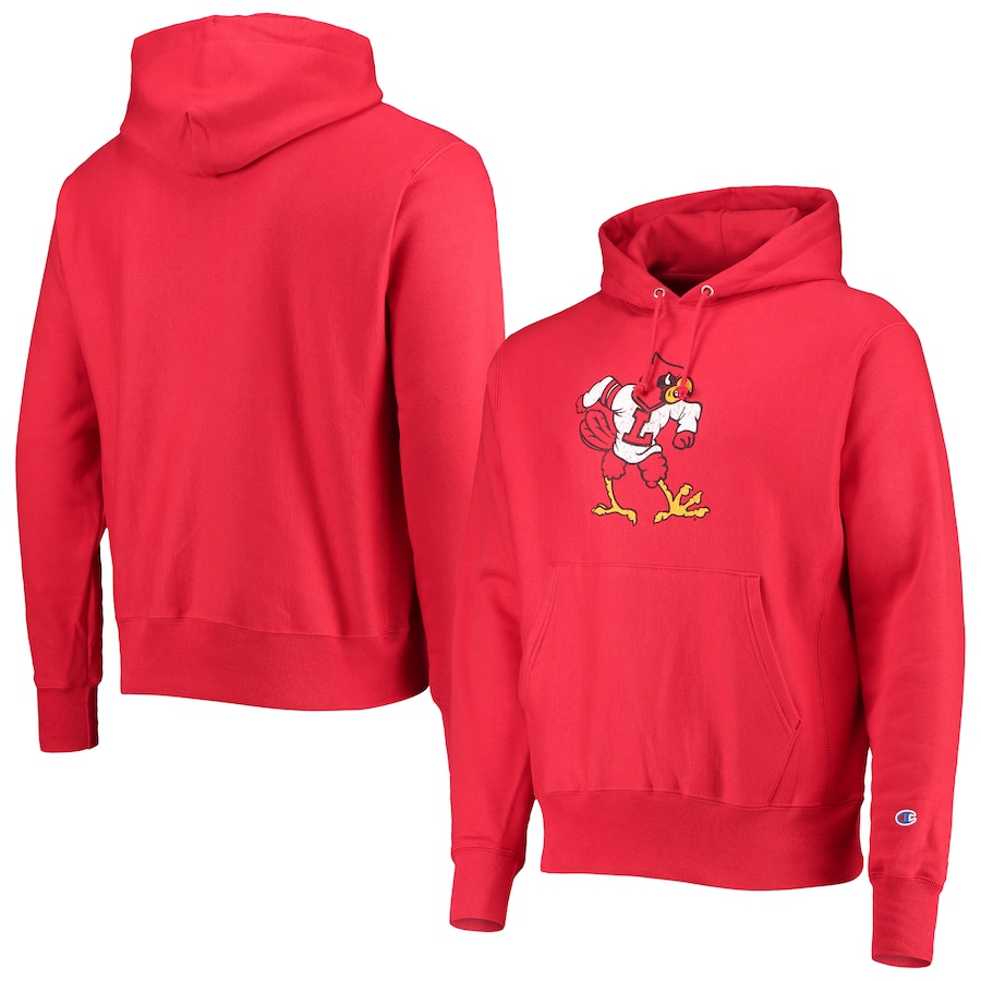 Men'S Champion Red Louisville Cardinals Vault Logo Reverse Weave Pullover Hoodie Sweatshirt Shirt Full Size - Image 2