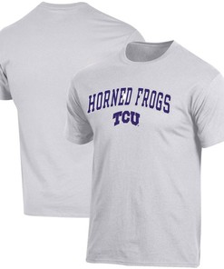 Men'S Russell Athletic White Tcu Horned Frogs Wordmark Spinner T-Shirt, University Football Fan Shirt, Tcu Student Gifts