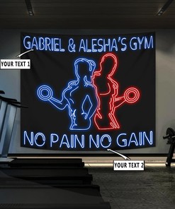 Personalized Couple Home Gym Decor Neon Effect Banner Flag Tapestry, Workout room decor