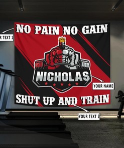 Personalized King Bodybuilding Home Gym Decor Shut Up And Train Banner Flag Tapestry, Motivational gym flags