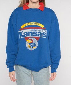 University Of Kansas Sweatshirt 90S Blue Jayhawks Collared Sweatshirt Ku Football Graphic College Sweater  Mens