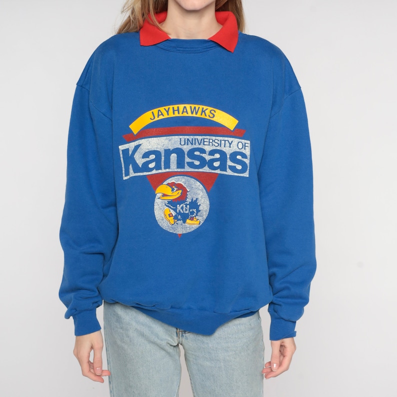 University Of Kansas Sweatshirt 90S Blue Jayhawks Collared Sweatshirt Ku Football Graphic College Sweater Mens