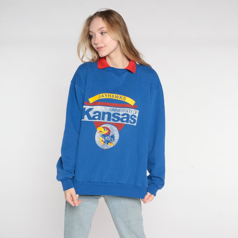 University Of Kansas Sweatshirt 90S Blue Jayhawks Collared Sweatshirt Ku Football Graphic College Sweater Mens - Image 2