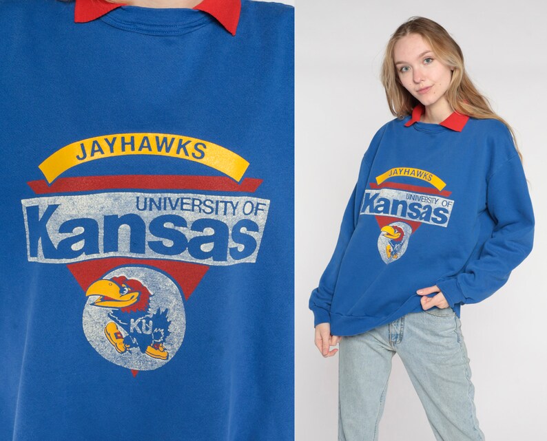 University Of Kansas Sweatshirt 90S Blue Jayhawks Collared Sweatshirt Ku Football Graphic College Sweater Mens - Image 3
