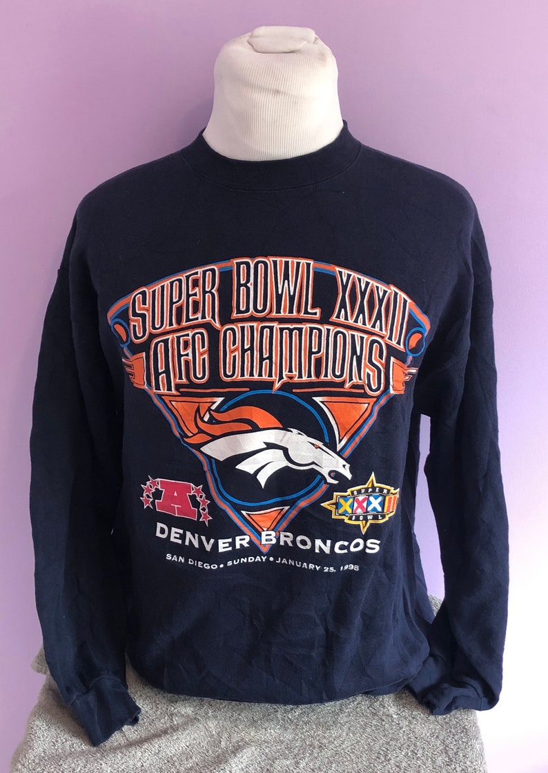 Vintage Denver Broncos Blue NFL Football 1990s Super Bowl Xxxii Crewneck Sweatshirt