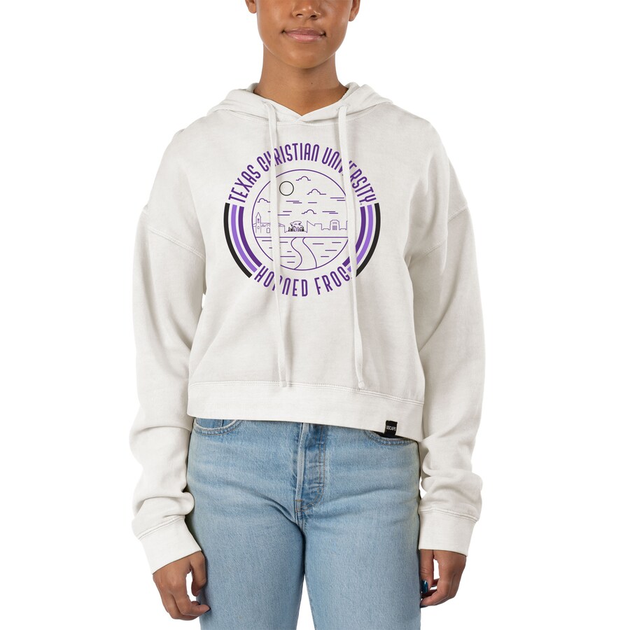 Women'S White Tcu Horned Frogs Pigment Dyed Fleece Crop Hoodie, University Football Fan Shirt, Tcu Student Gifts