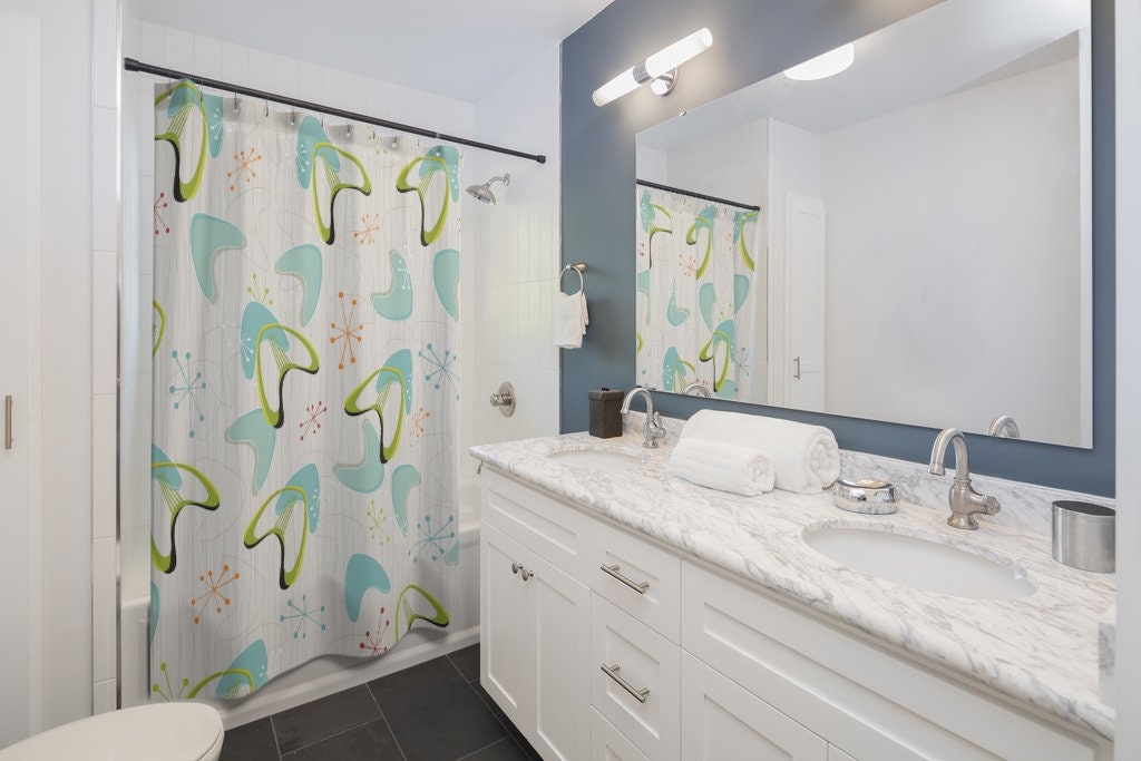1950s Teal Mid Century Modern Shower Curtain | Retro Bathroom Decor | Guest Bathroom Decor - Image 2
