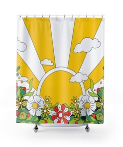 1970's Groovy Sun, Hippie Vibes, and Flower Power Mid Mod Shower Curtain for a Retro Bathroom