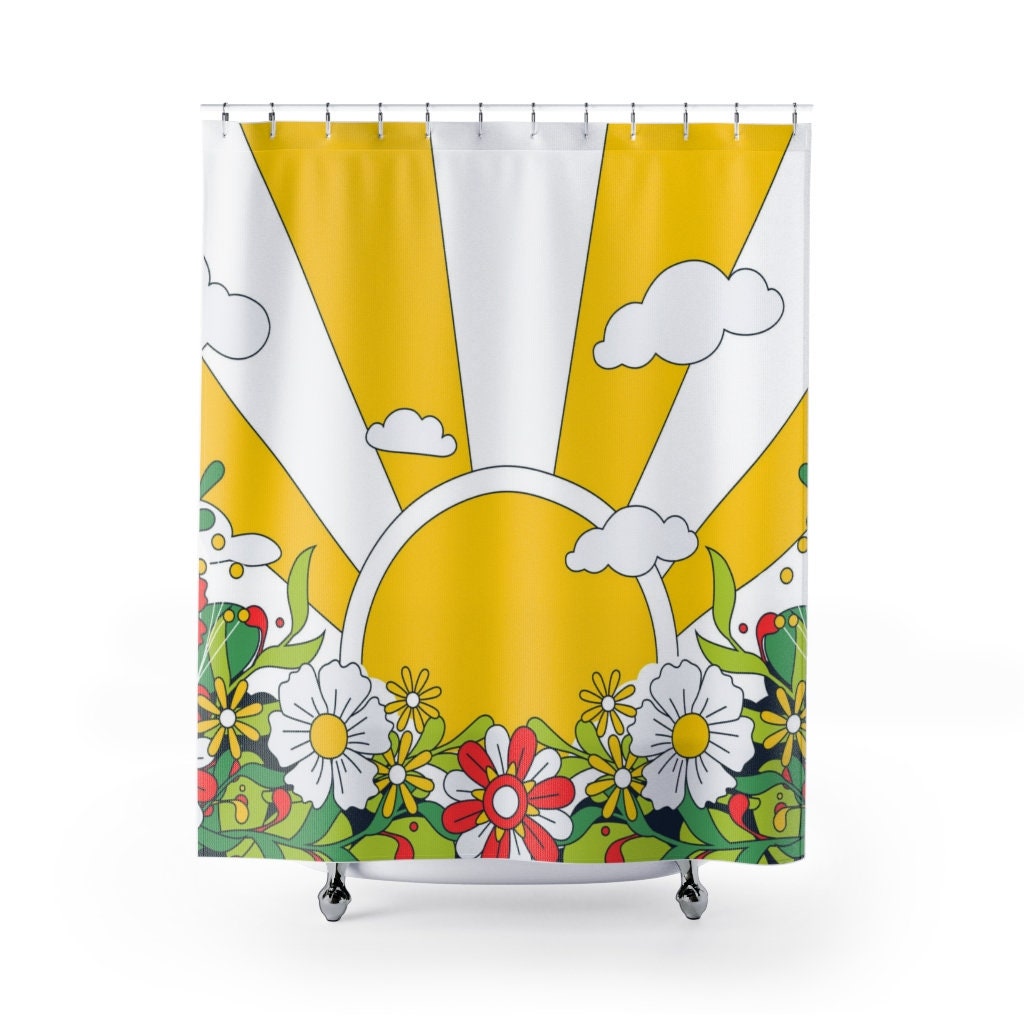 1970's Groovy Sun, Hippie Vibes, and Flower Power Mid Mod Shower Curtain for a Retro Bathroom
