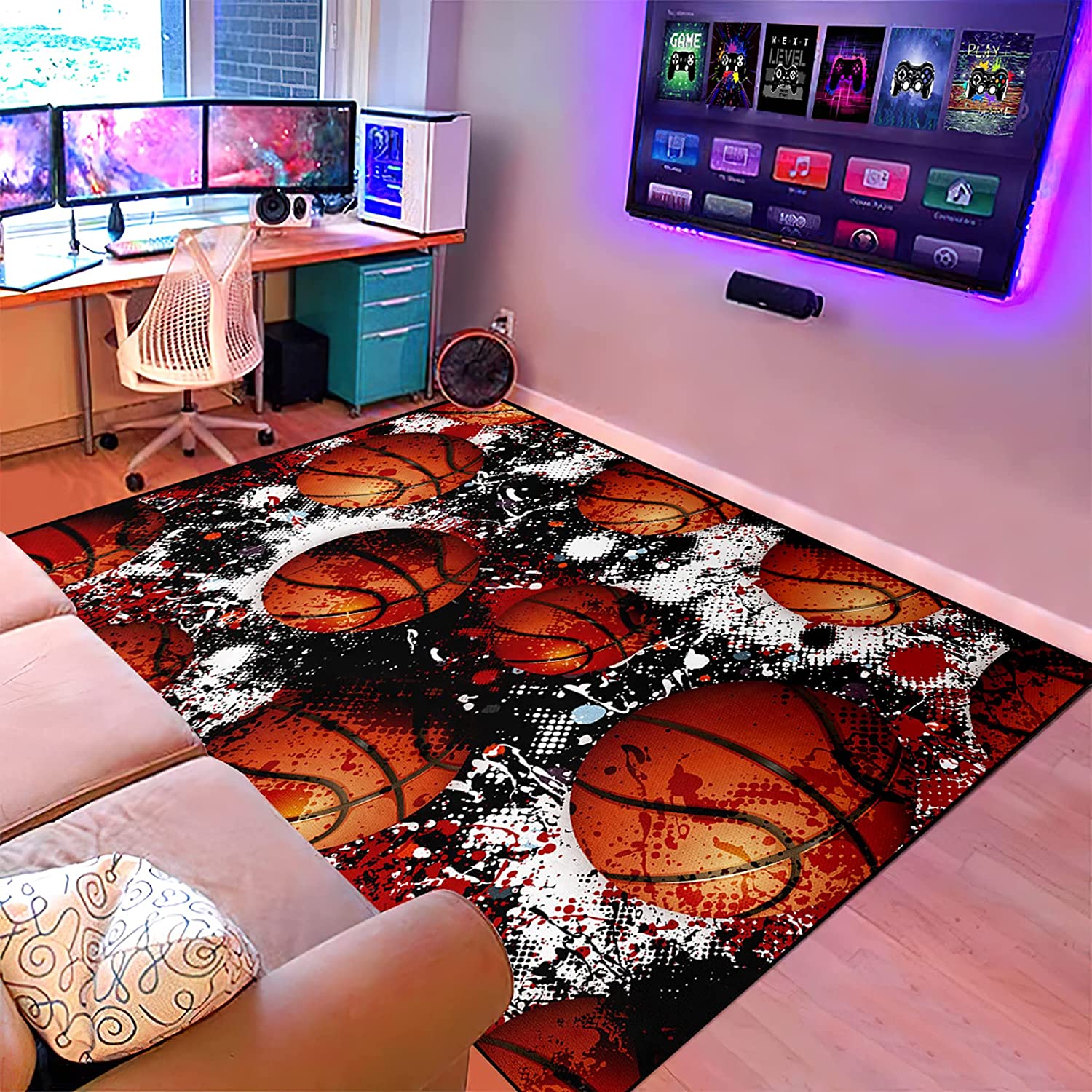 3D Basketball Print Court Sport Area Rug for Boys Bedroom - Cool Basketball Room Decor with Customizable Text