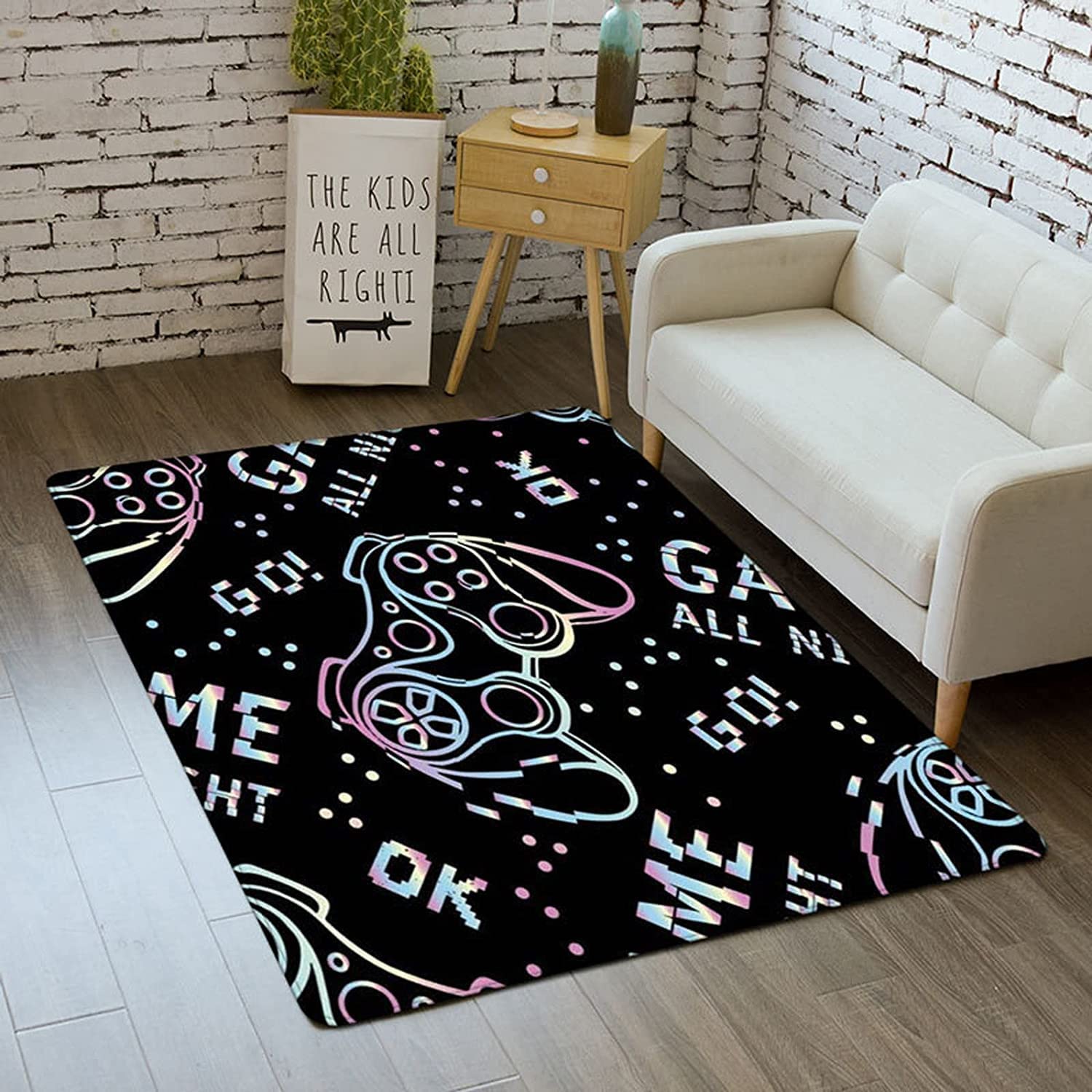 3D Gamer Rug with Controller Print for Boys' Bedroom Decor, Non-Slip Polyester Mat