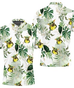 3D Printed Baby Yoda Hugging Bananas Polo Shirt, featuring Seamless Tropical Green Leaves on a White Background.