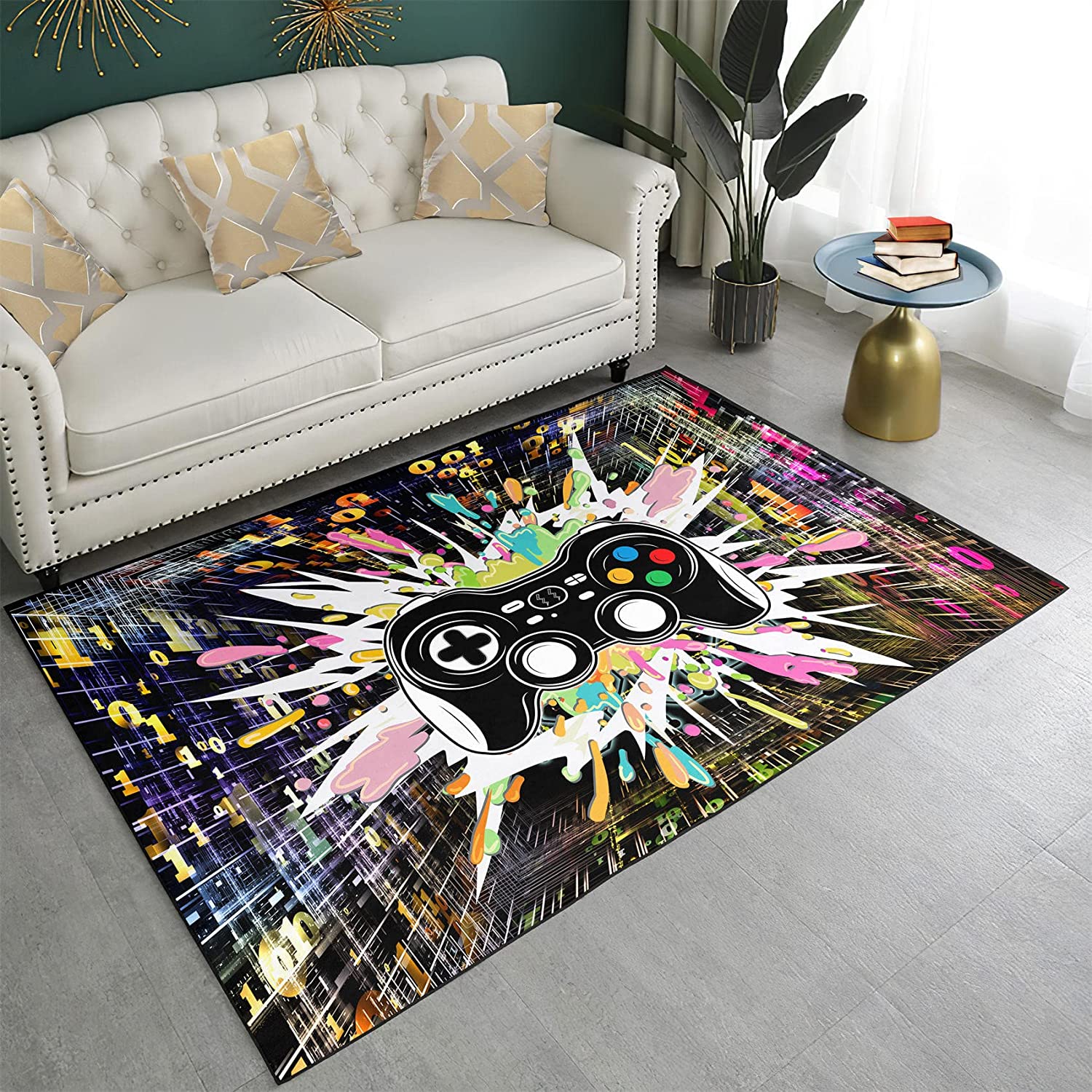 3D Printed Black Gamepad Area Rugs - Video Game Controller Digital Space Crystal Floor Mat Door Mats