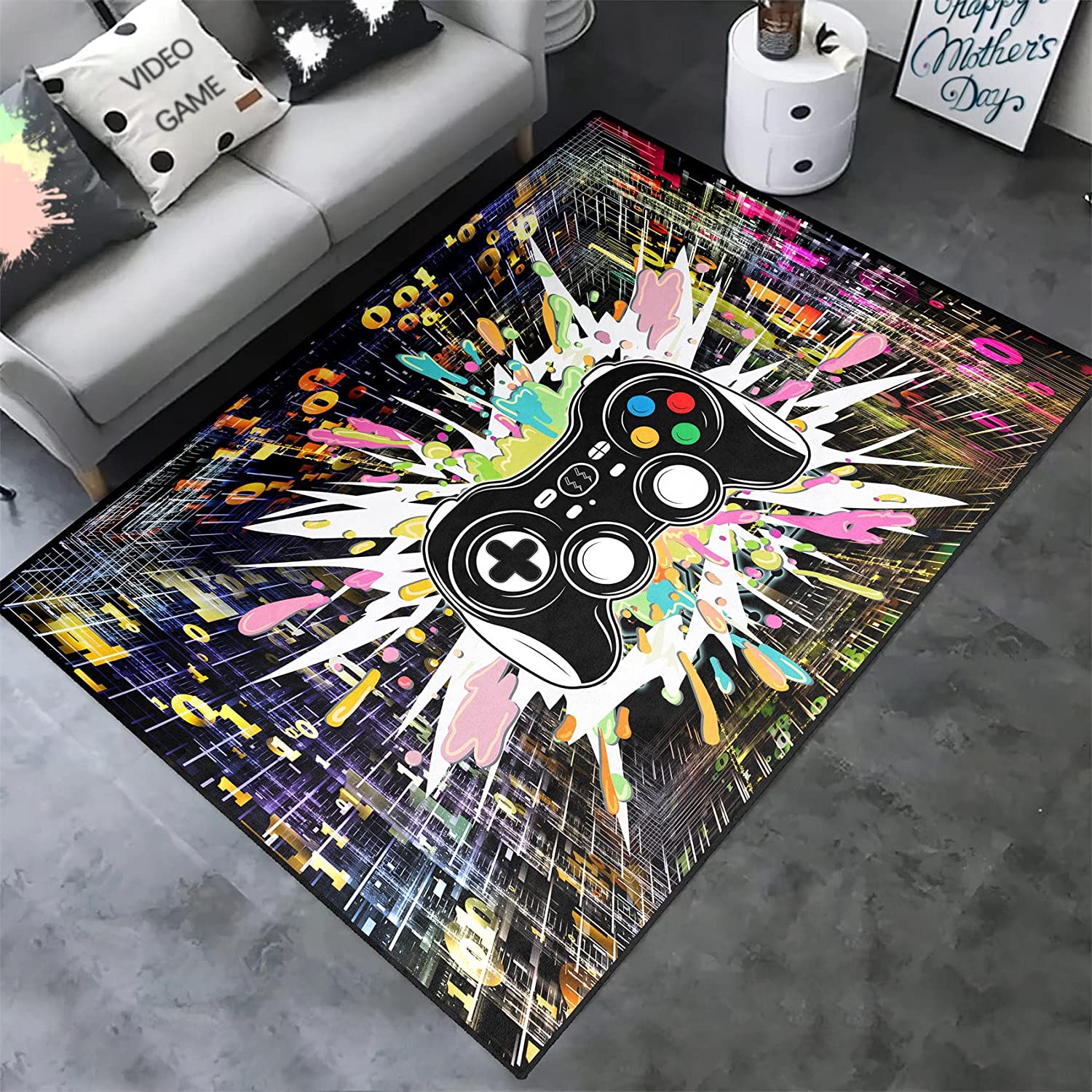 3D Printed Black Gamepad Area Rugs - Video Game Controller Digital Space Crystal Floor Mat Door Mats - Image 3