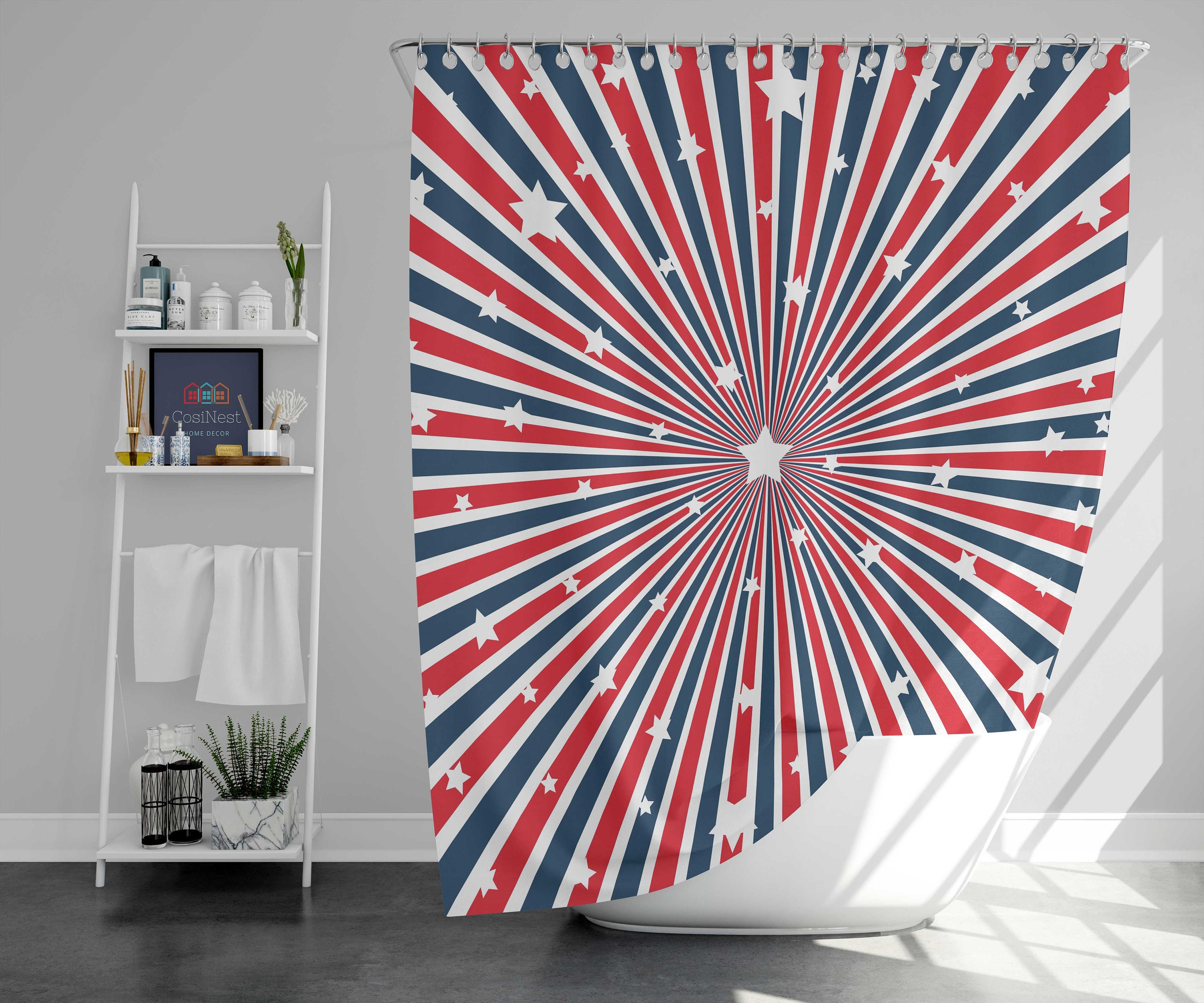 4th of July USA Flag Shower Curtain | Geometric Independence Day Fabric | Home Bath Decor | Patriotic Theme
