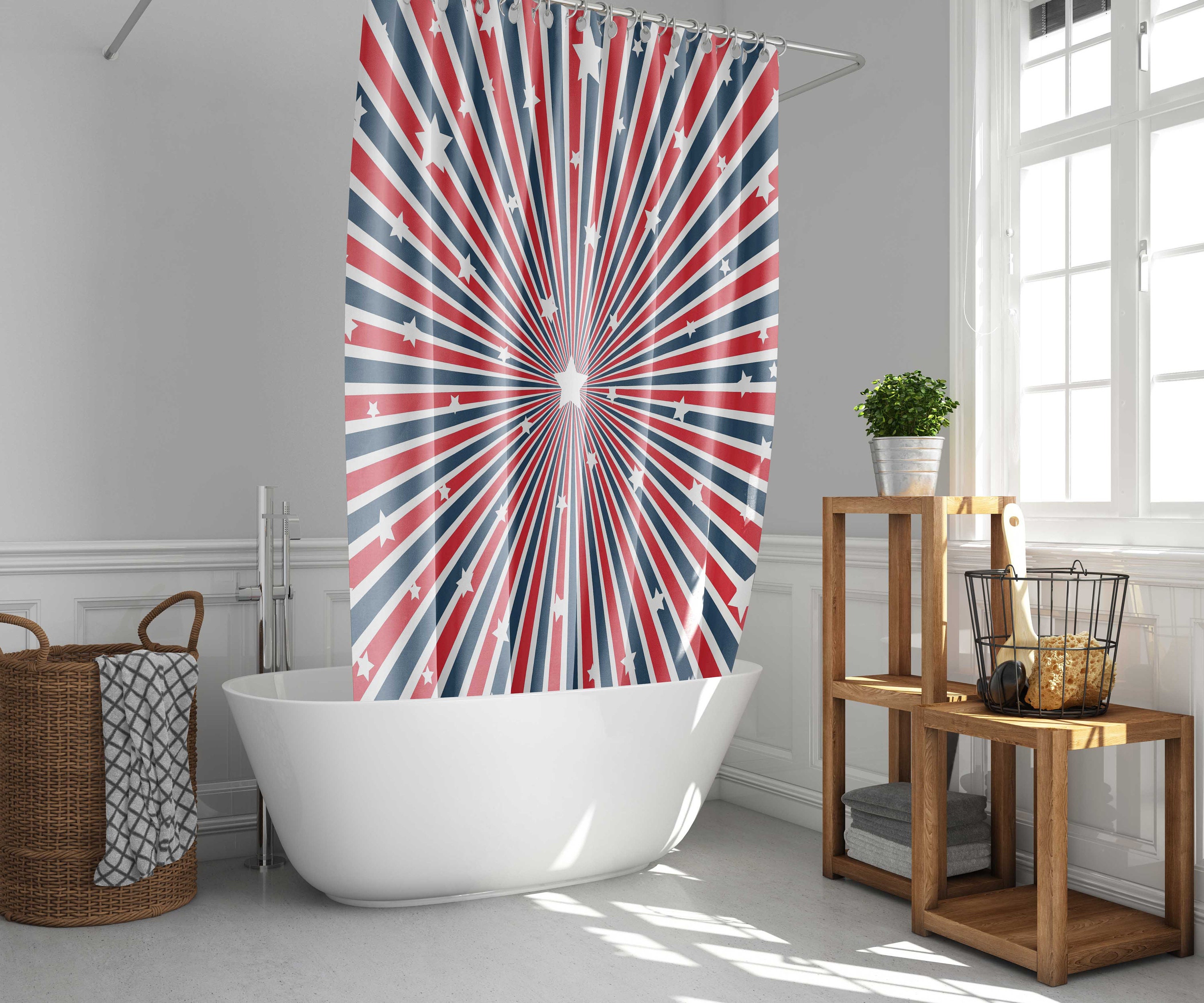 4th of July USA Flag Shower Curtain | Geometric Independence Day Fabric | Home Bath Decor | Patriotic Theme - Image 2