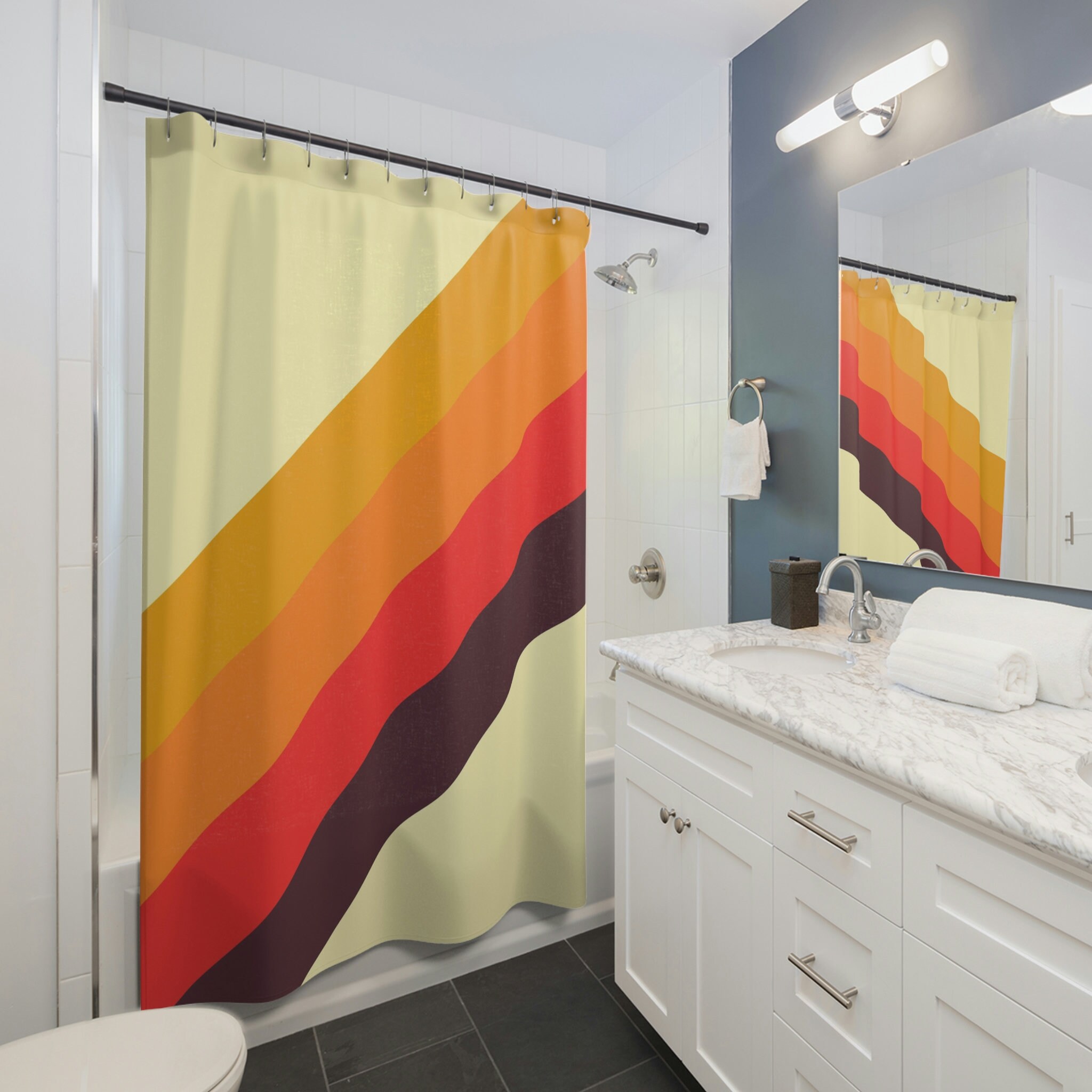 70's Boho Shower Curtain, Funky 60's 70's Hippie Bathroom Accessory, Retro Curtain with Groovy Decor - Image 3