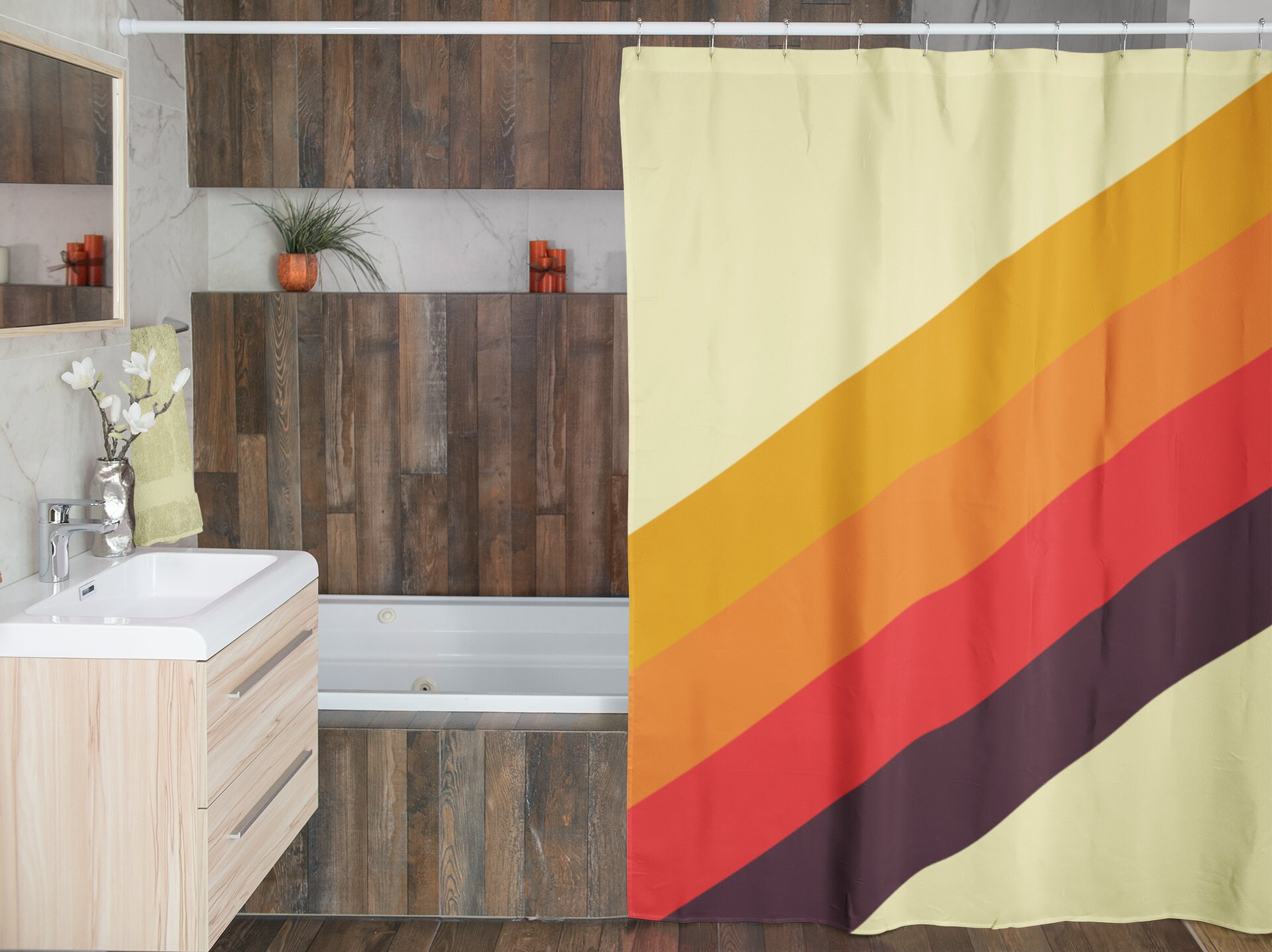 70's Boho Shower Curtain, Funky 60's 70's Hippie Bathroom Accessory, Retro Curtain with Groovy Decor - Image 4