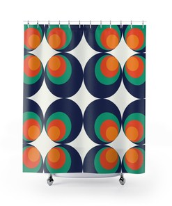 70's Groovy Orb Blue Orange White Mid Modern Hipster Shower Curtain with Retro Charm