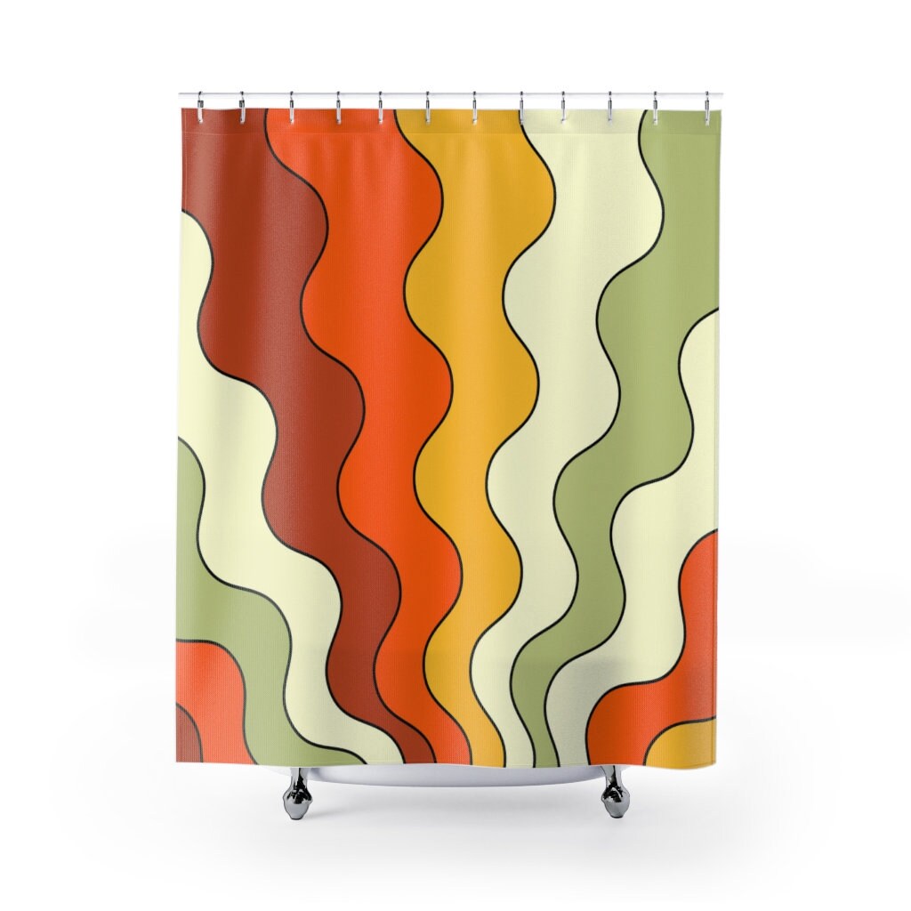 70's Groovy Wave Hipster Rust and Beige Mid Mod Shower Curtain for a 70's Inspired Bathroom - Image 2