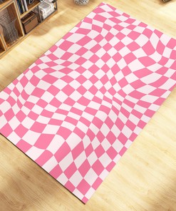 70s Retro Trippy Checkered Pink Area Rug - Groovy Checkerboard Rug, Pastel Preppy Room Decor with Floor Rugs