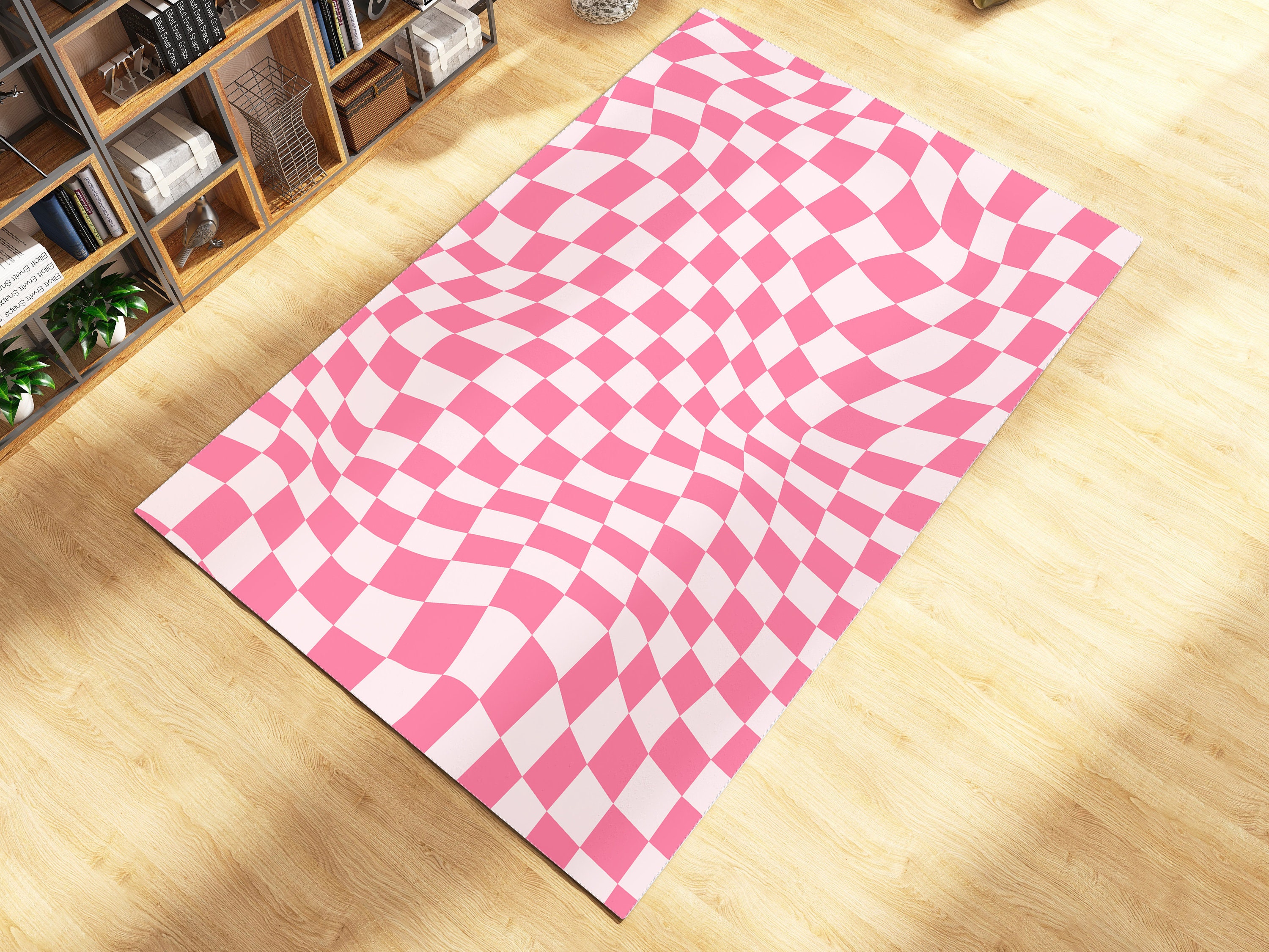 70s Retro Trippy Checkered Pink Area Rug - Groovy Checkerboard Rug, Pastel Preppy Room Decor with Floor Rugs