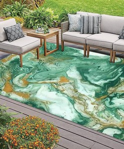70s Style Abstract Golden and Dark Green Mixed Acrylic Paints Marble Rugs for Soft Non-Slip Indoor