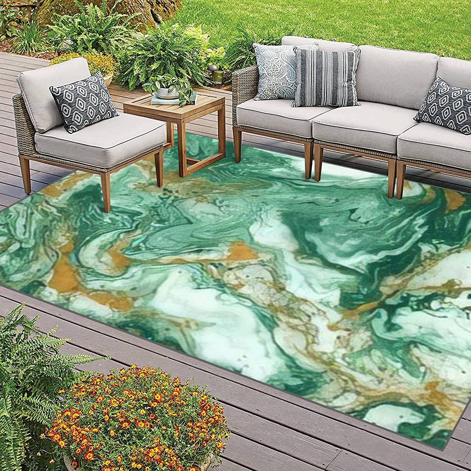 70s Style Abstract Golden and Dark Green Mixed Acrylic Paints Marble Rugs for Soft Non-Slip Indoor