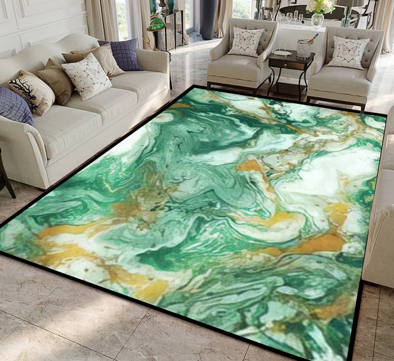70s Style Abstract Golden and Dark Green Mixed Acrylic Paints Marble Rugs for Soft Non-Slip Indoor - Image 2