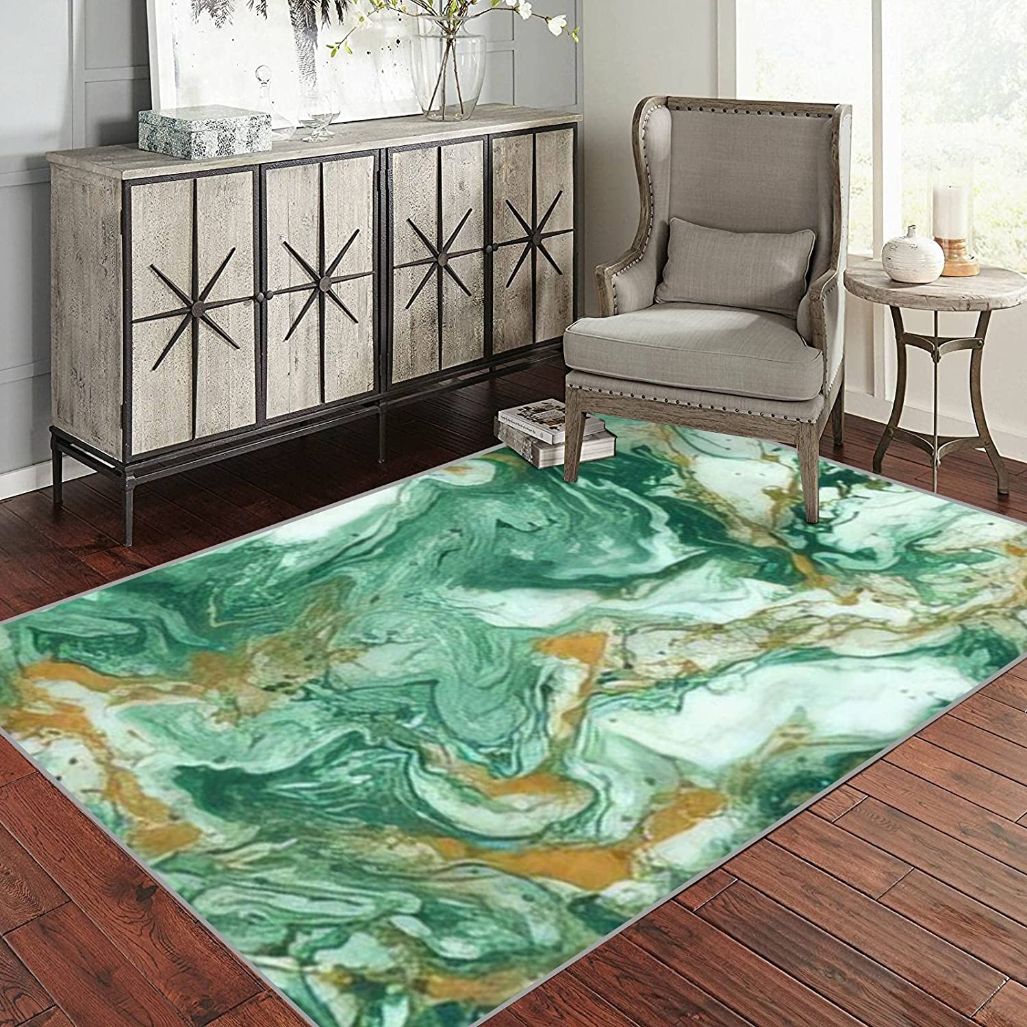 70s Style Abstract Golden and Dark Green Mixed Acrylic Paints Marble Rugs for Soft Non-Slip Indoor - Image 3