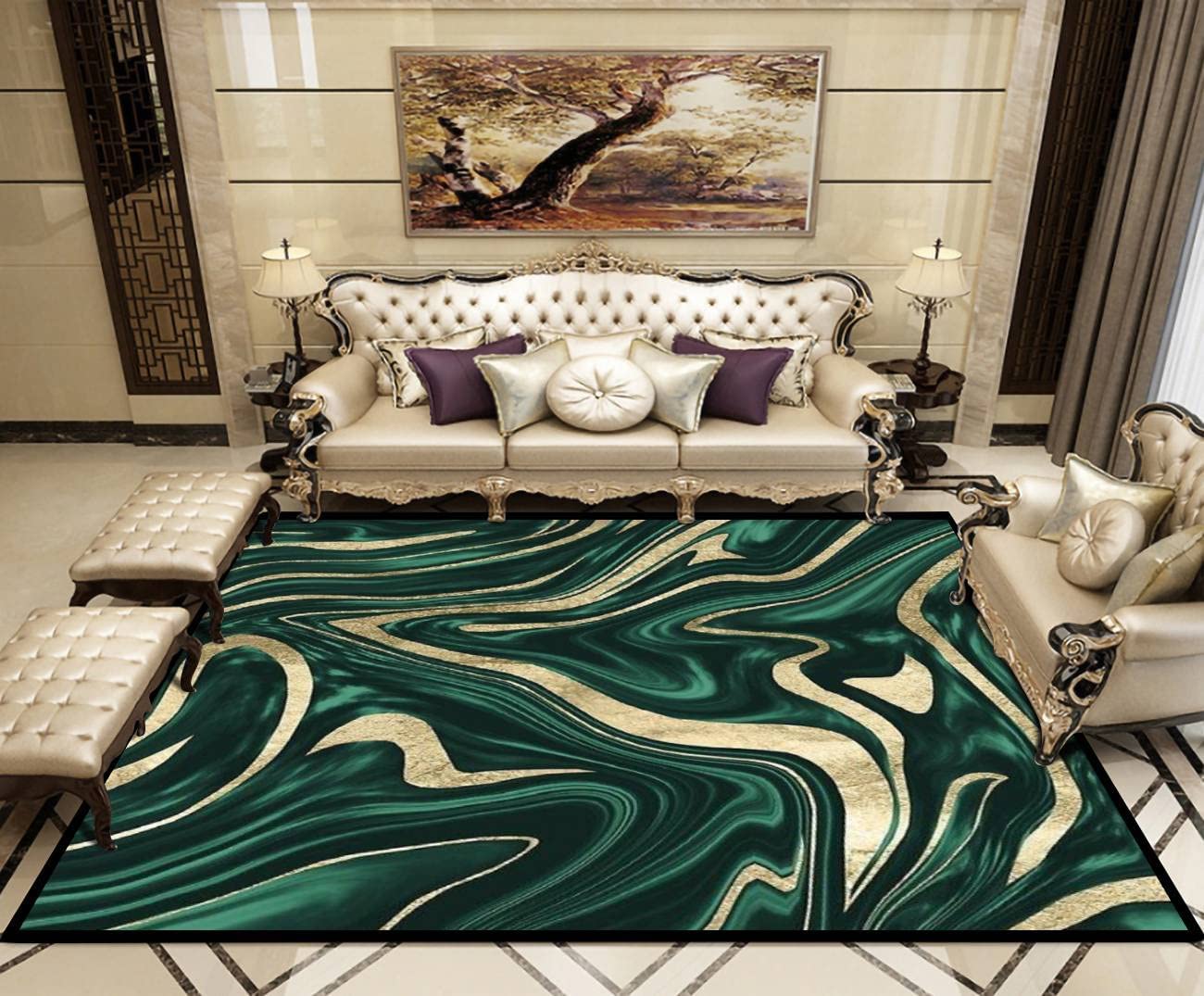 70s Style Emerald Green Black Gold Marble Decor Art Rugs for Soft Non-Slip Indoor