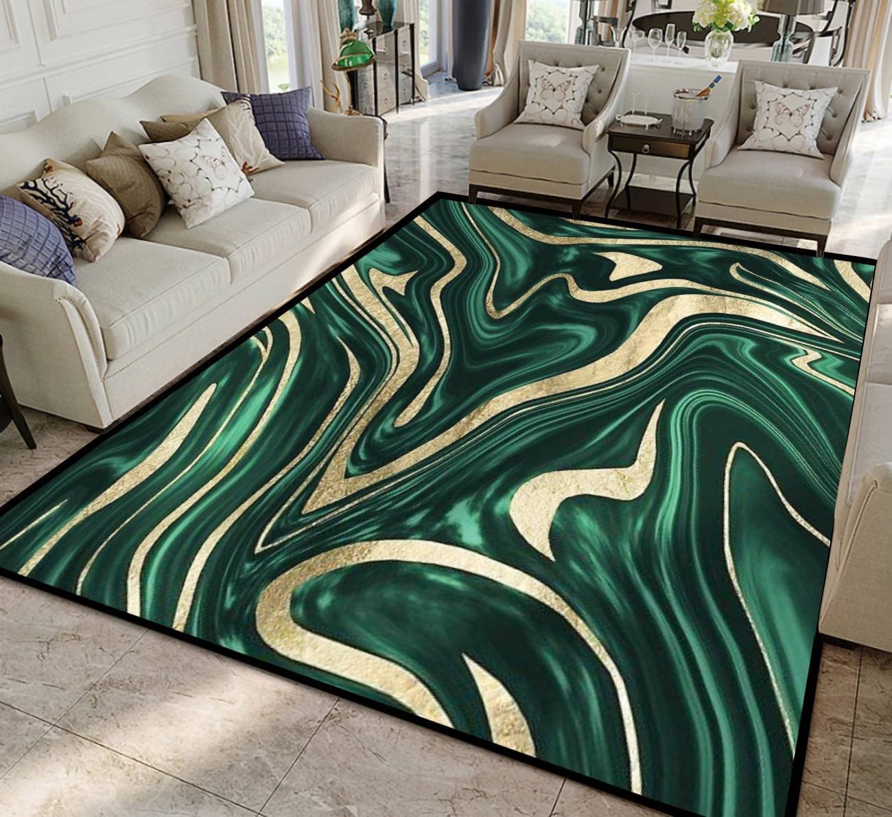 70s Style Emerald Green Black Gold Marble Decor Art Rugs for Soft Non-Slip Indoor - Image 2