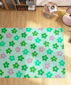 70s Style Floral Rug with Pastel Green Flowers for Funky Room Decor