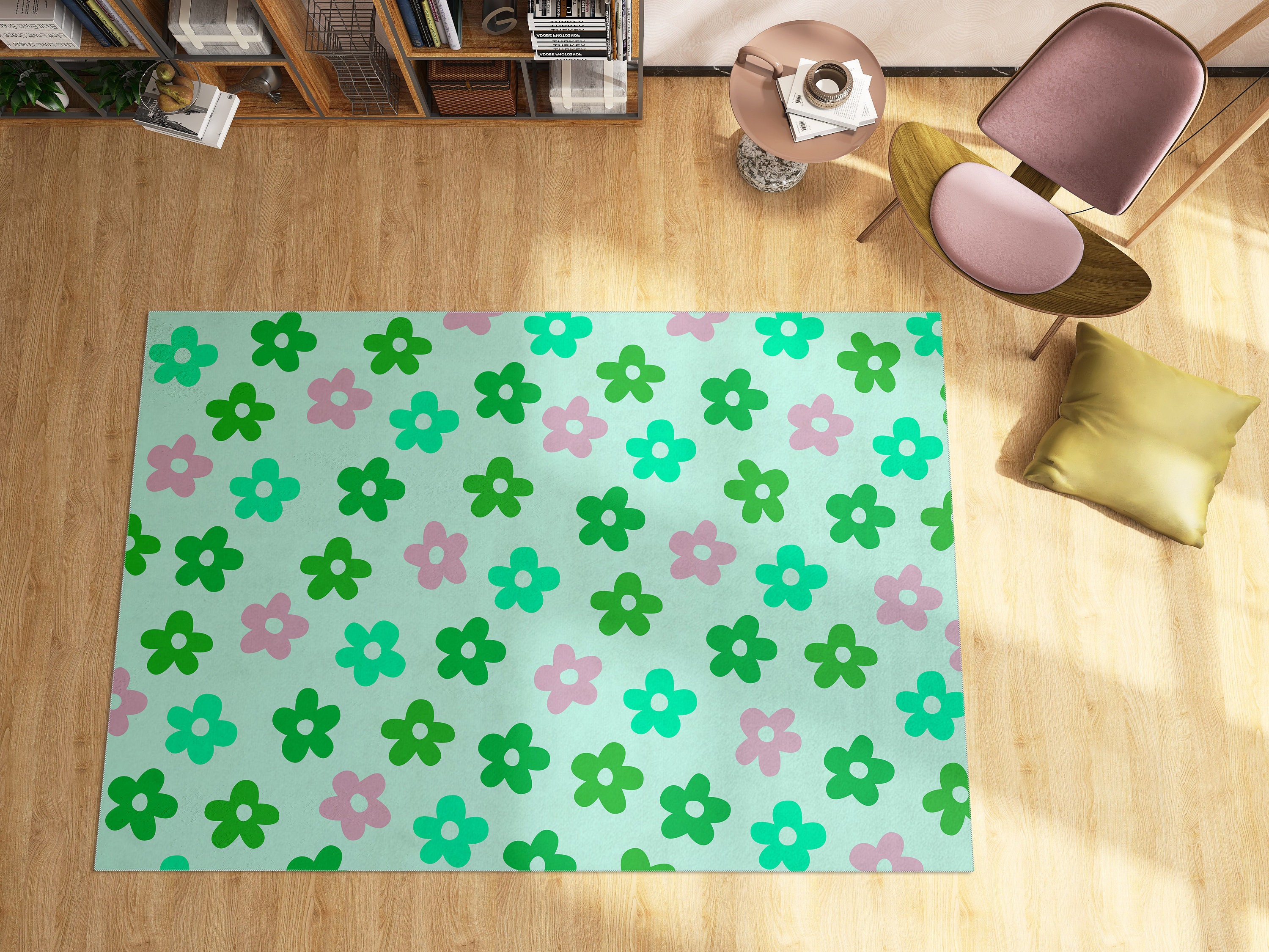 70s Style Floral Rug with Pastel Green Flowers for Funky Room Decor