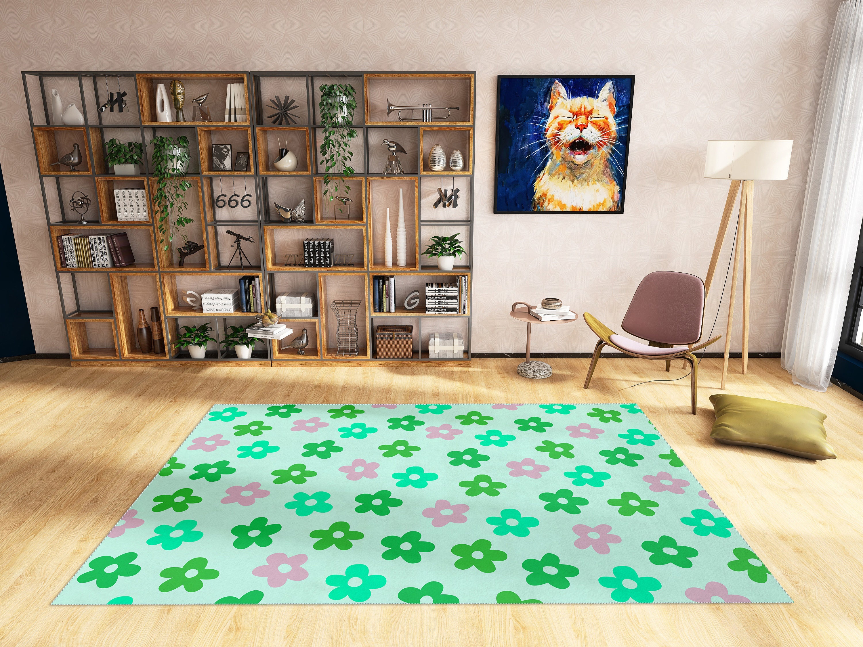 70s Style Floral Rug with Pastel Green Flowers for Funky Room Decor - Image 2