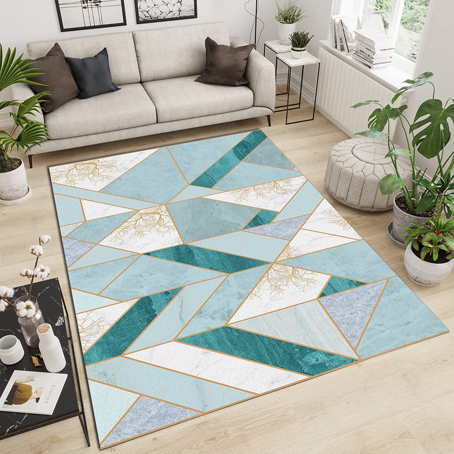 70s Style Green White Marble Texture Area Rug with Abstraction Irregular Geometries Twigs Neutral Carpet