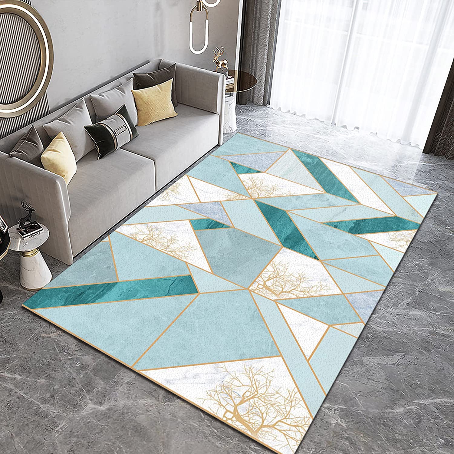 70s Style Green White Marble Texture Area Rug with Abstraction Irregular Geometries Twigs Neutral Carpet - Image 2