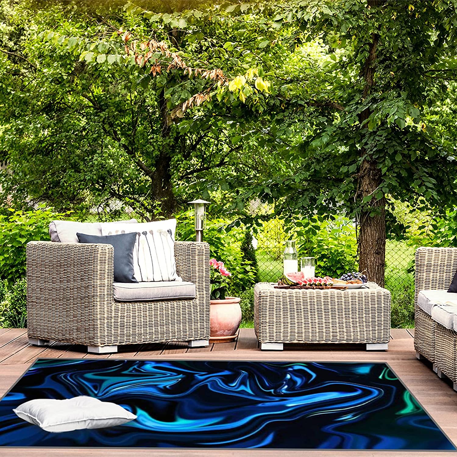 70s Style Marble Neon Blue Green Abstract Texture on Black Art Rugs for Soft Non-Slip Indoor