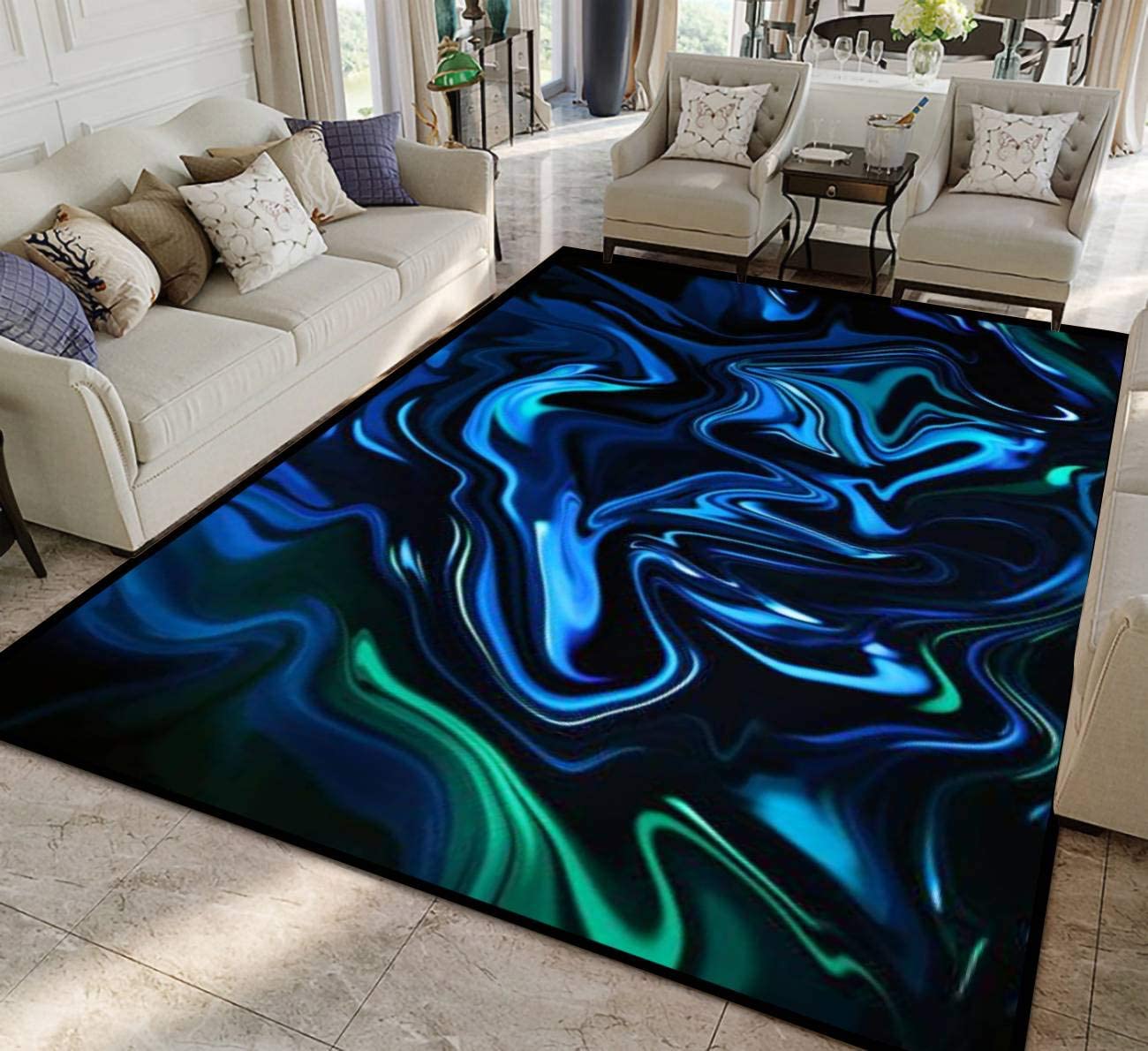 70s Style Marble Neon Blue Green Abstract Texture on Black Art Rugs for Soft Non-Slip Indoor - Image 2