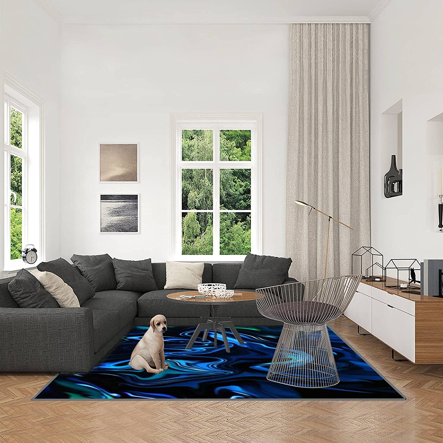 70s Style Marble Neon Blue Green Abstract Texture on Black Art Rugs for Soft Non-Slip Indoor - Image 3