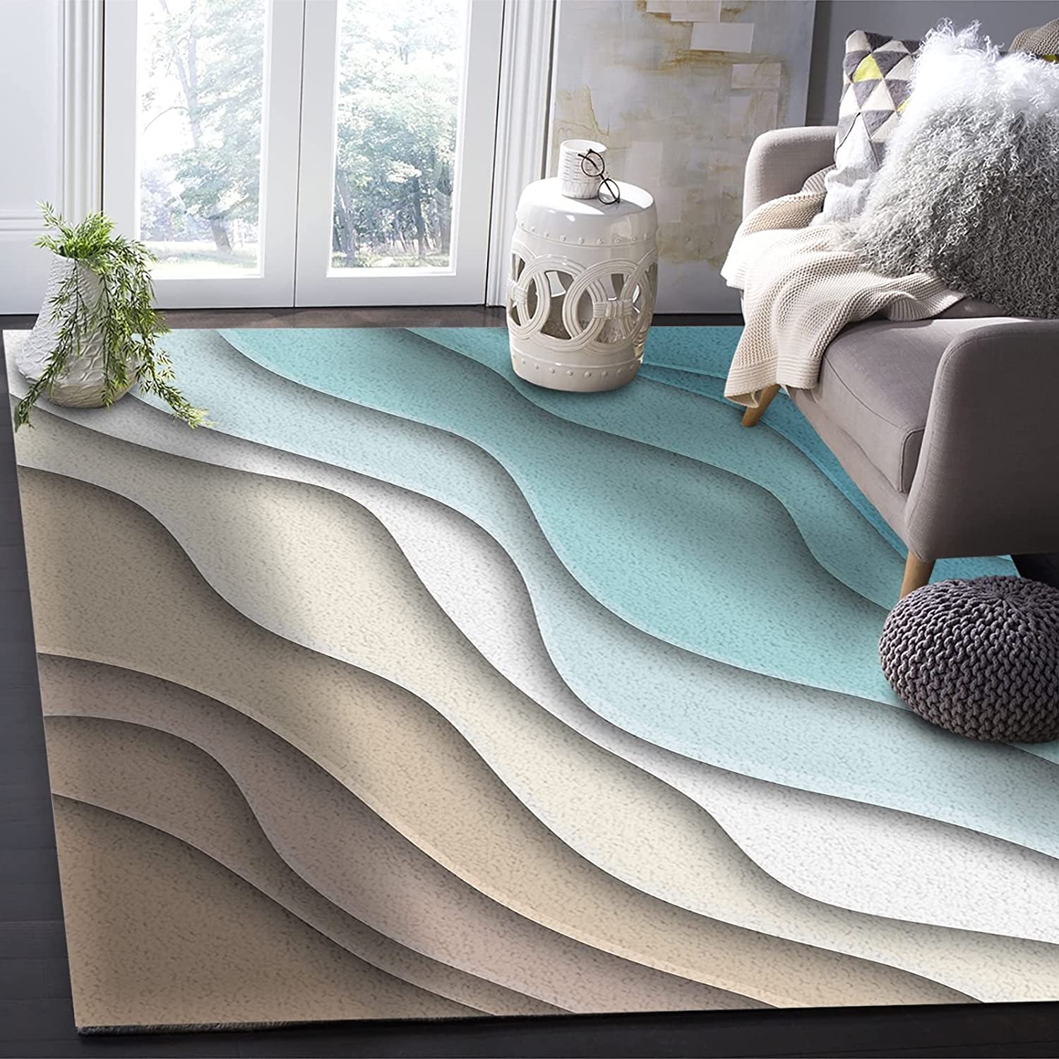 70s Style Modern Abstract Lines Area Rug in Teal Brown Rectangular Carpet for Living Dining Dorm Room Bedroom Decor