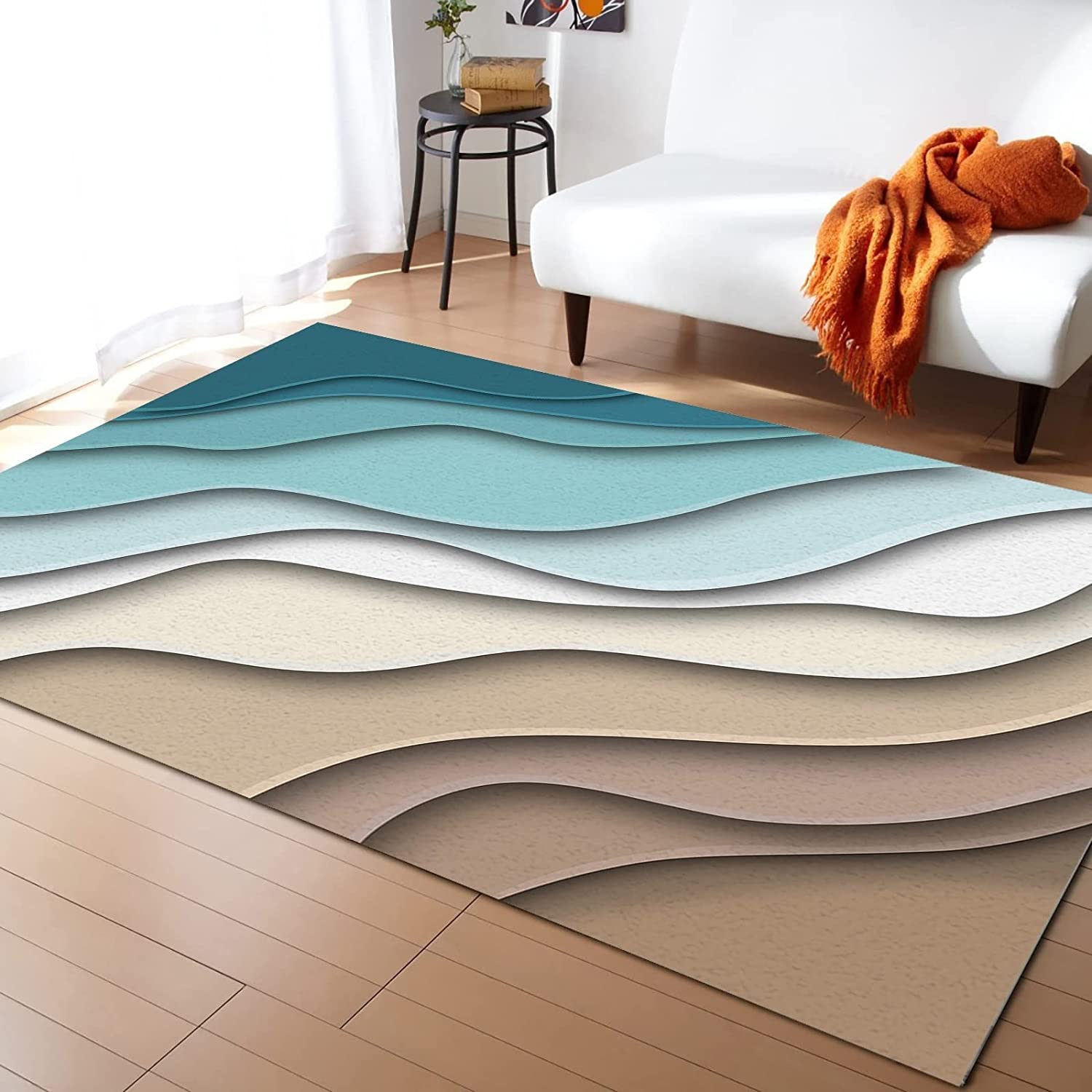 70s Style Modern Abstract Lines Area Rug in Teal Brown Rectangular Carpet for Living Dining Dorm Room Bedroom Decor - Image 2
