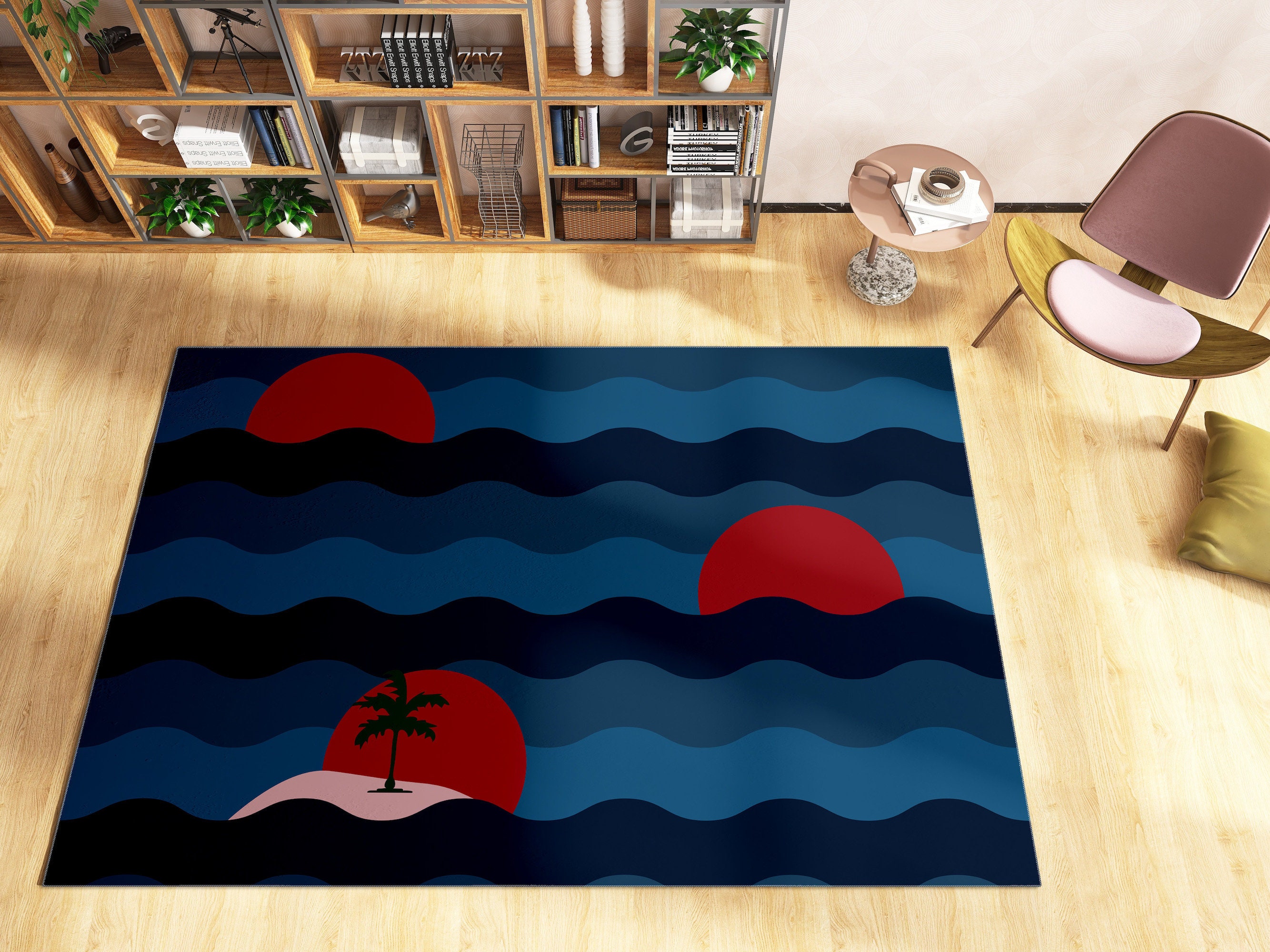 70s Style Wavy Sunset Colors Area Rug for Retro Trippy Groovy Funky Abstract Cute Home Decoration