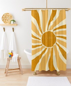 70s Vintage Sun Shower Curtain, Boho Mid-Century Bath Decor, Eco-Friendly Material