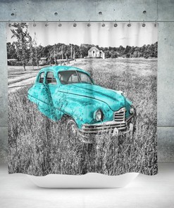 Abandoned Pink/Turquoise Car Shower Curtain | Retro Antique Design Bath Curtain | Vintage Bathroom Decor