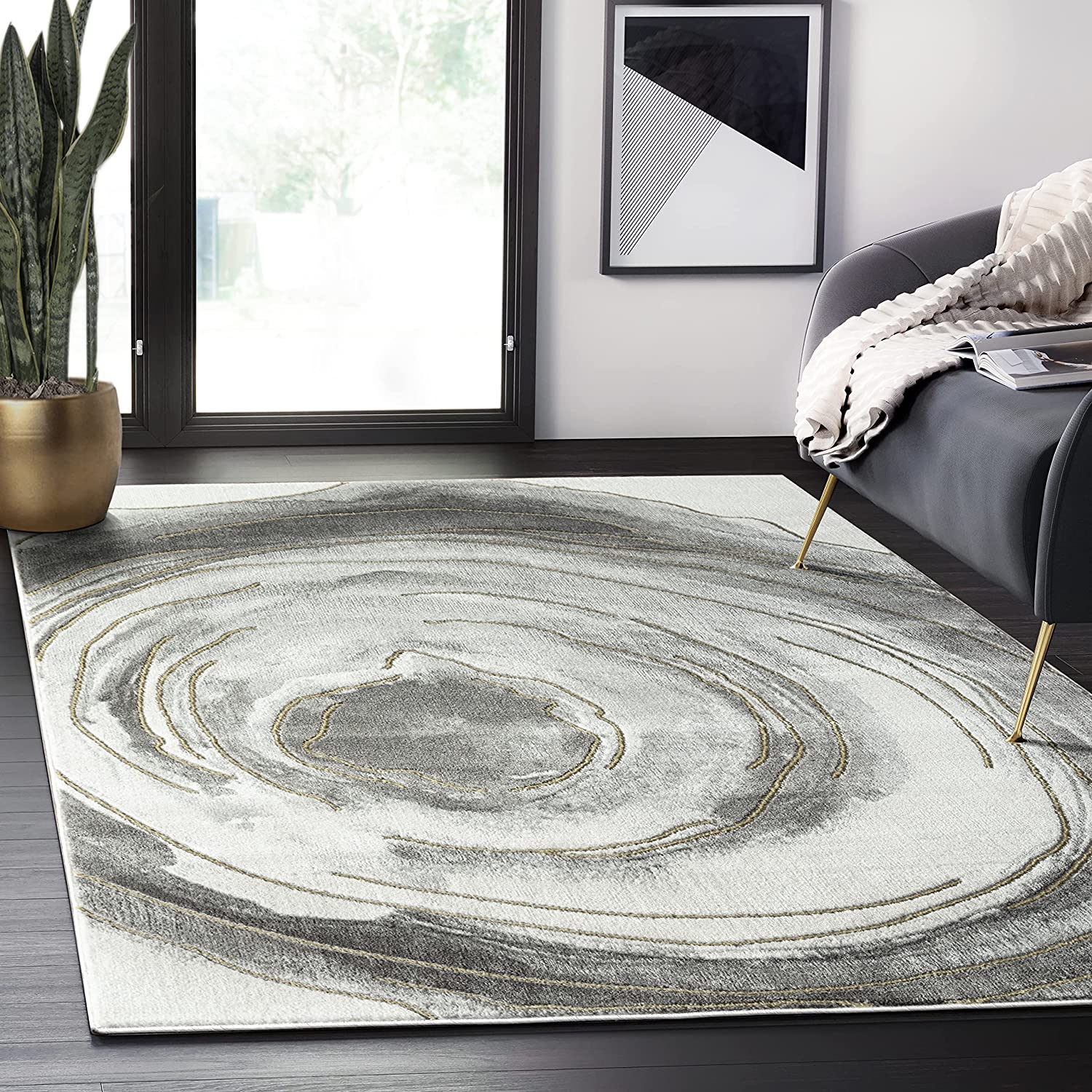 Abani Contemporary Style Grey & Gold Swirl Print Area Rug - Modern Living Room Carpet Rugs with Non-Shed Vortex Pattern