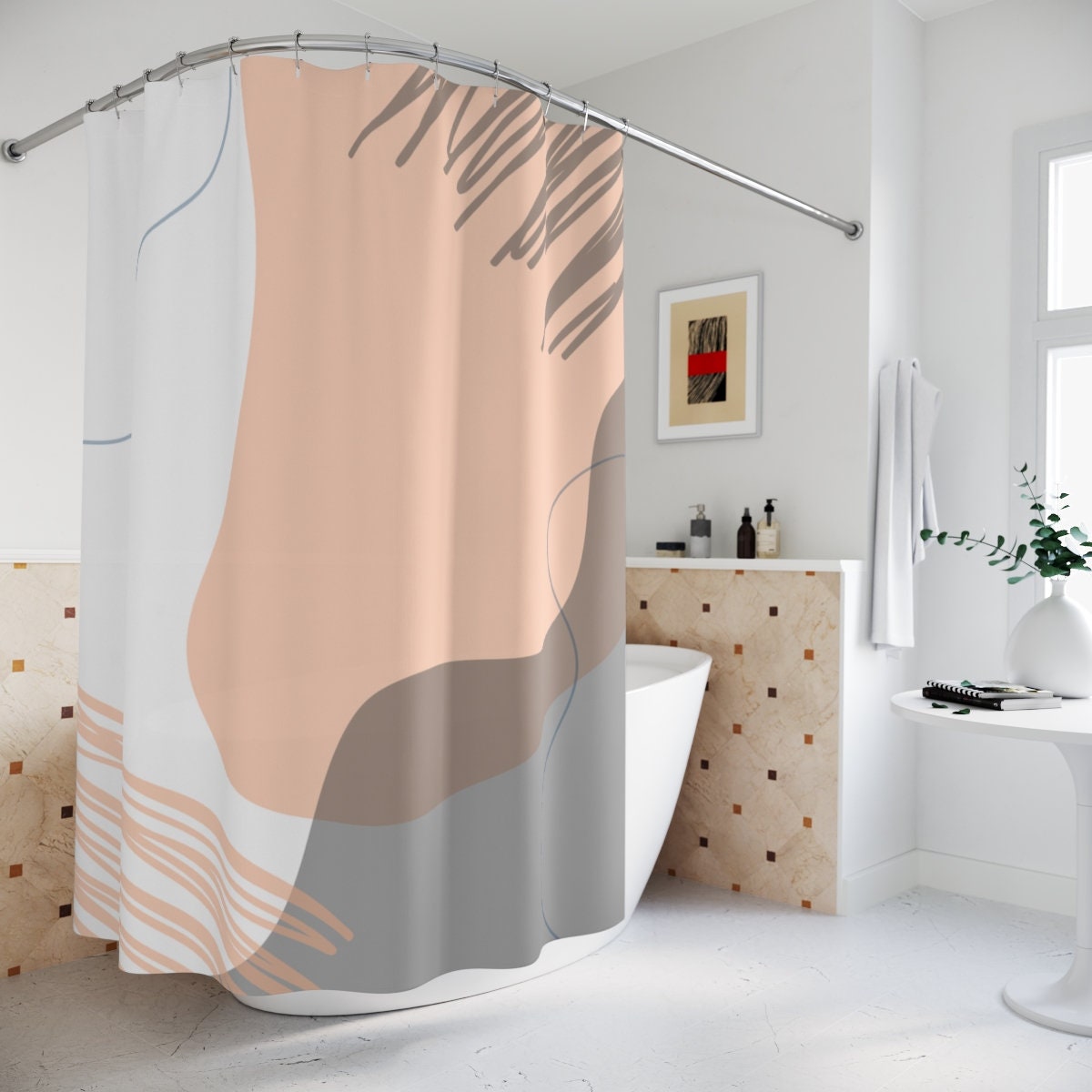 Abstract Art Circles and Lines Shower Curtain | Grey and Orange, Zeitgenössische Kunst | Home Bathroom Decor - Image 2